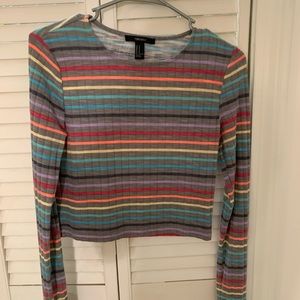 Gray Rainbow Striped Long-Sleeve Crop-Top